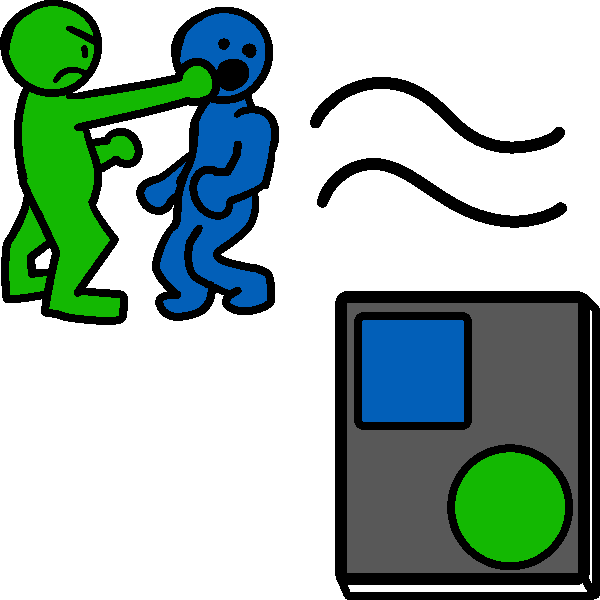 A green person punching a blue person next to a wavy equals sign. Beneath it is a book with a blue square and a green circle on the cover.